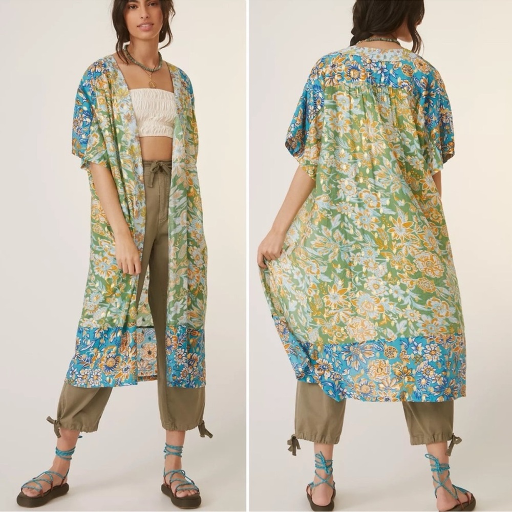 Anthropologie Current Air Floral Kimono Metallic Stamped Duster Cover Up